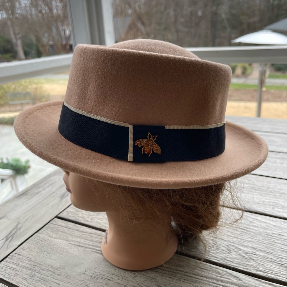 Pork Pie Tan Wool Fedora Black Band and Bee Embellishment Hat
